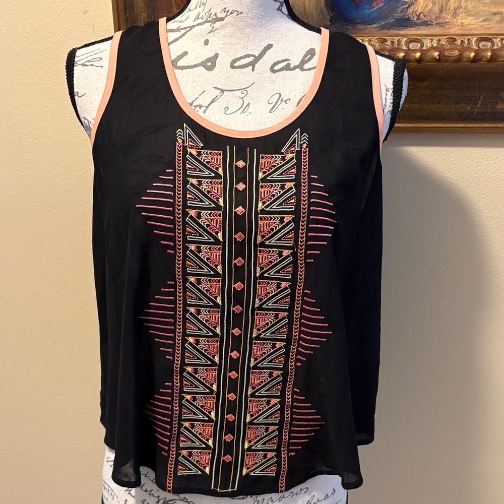 Lush Bohemian embroidered print sheer color-block lightweight sleeveless croptop